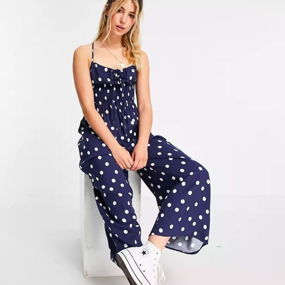 Navy Tie front shirred waist culotte jumpsuit in navy & white polka dot print